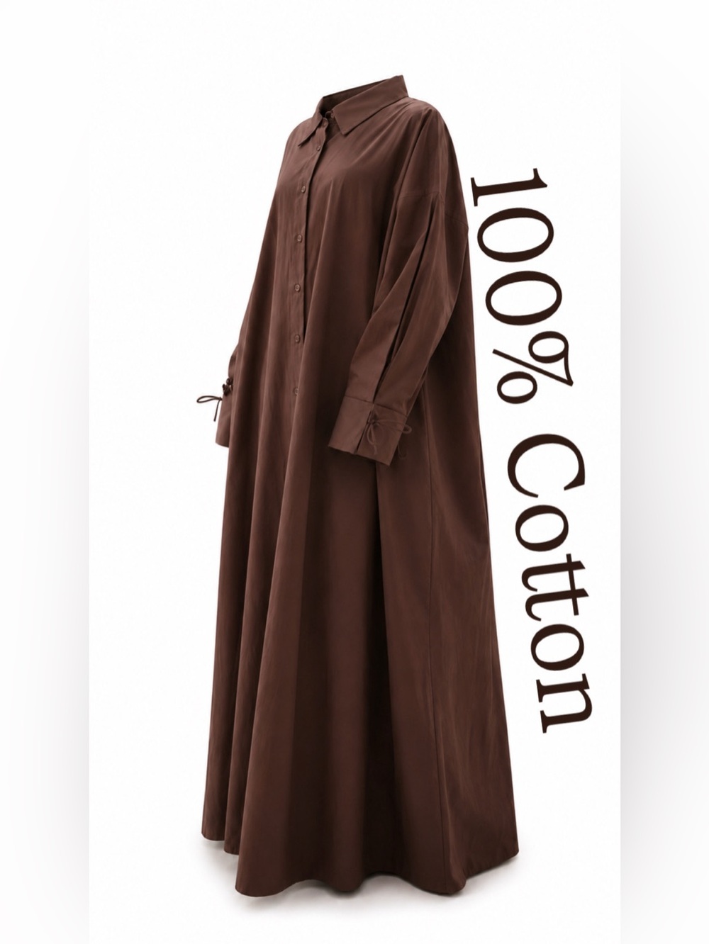 100% Cotton Abaya Maxi Dress Modest Long Sleeve Button Down